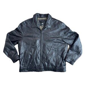 Calvin Klein Mens Leather‎ Bomber Jacket Black Size XL Vintage Soft Zip